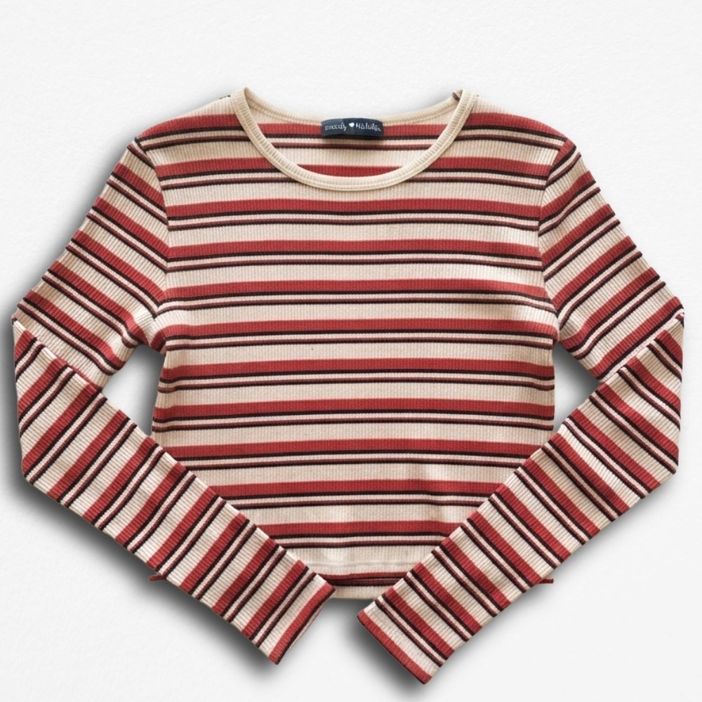 Brandy Melville Striped Long Sleeve Top Red Black Cream Ribbed Crop Crew Neck